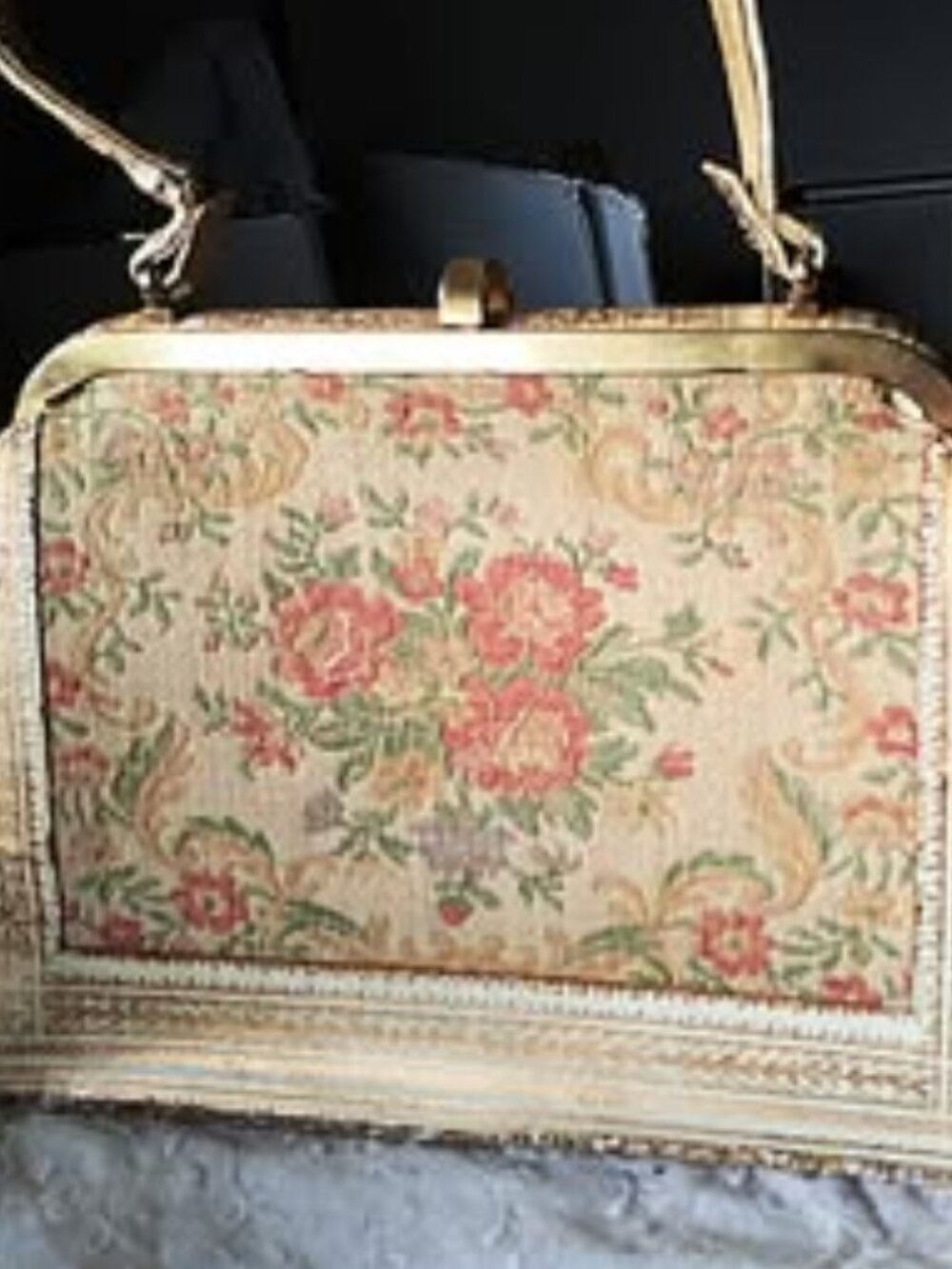 Vintage unique, Mexican tooled white leather with gold and tapestry handbag